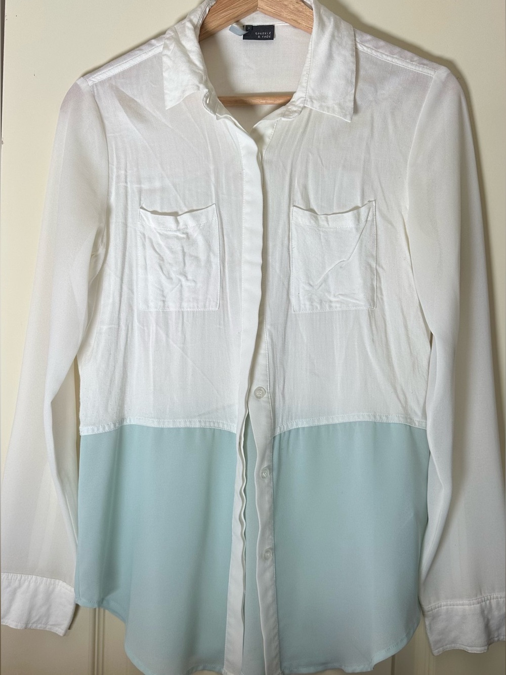 SPARKLE&FADE Modern Two-Tone Button-Down Blouse - White & Light Blue